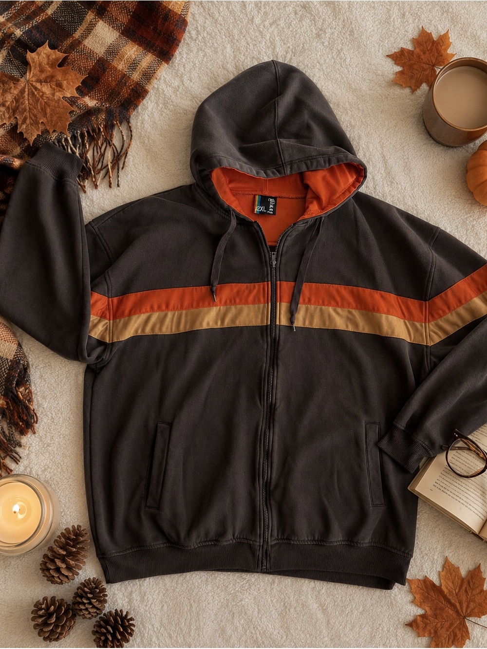 Bluez Brown Retro Stripe Full Zip Hoodie Jacket Men’s 2XL Casual Streetwear
